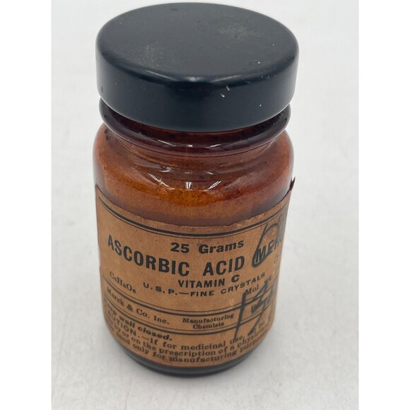 25 Grams Vintage Merck Ascorbic Acid Glass Bottle Label Lid Vitamin C USP - Picture 1 of 6